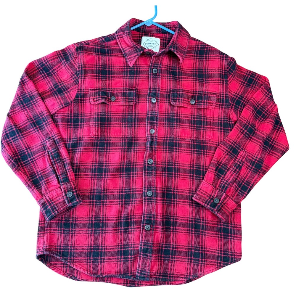 St John's Bay Men's Large Red Black Plaid Flannel Button Front Shirt Cotton